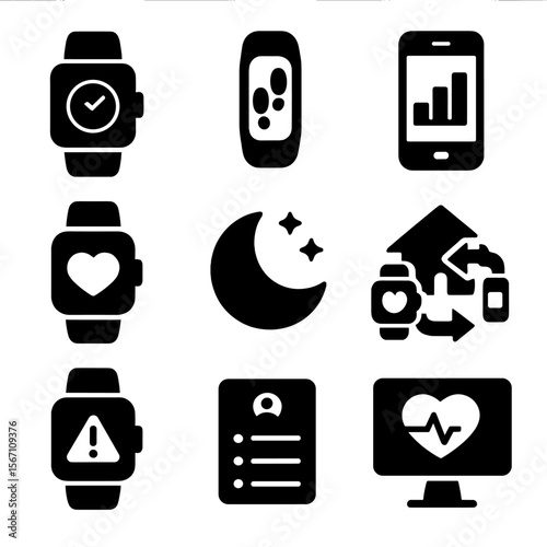 Wearable Connectivity Icons. Solid, filled icons set of wearable-to-home connectivity: smartwatch, step