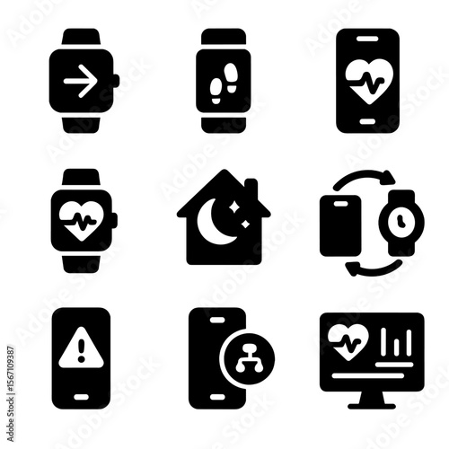 Wearable Connectivity Icons. Solid, filled icons set of wearable-to-home connectivity: smartwatch, step