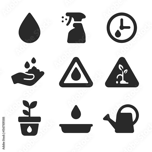 Watering Routine Icons. Solid, filled icons set of watering and care routine: water drop icon, misting spray,