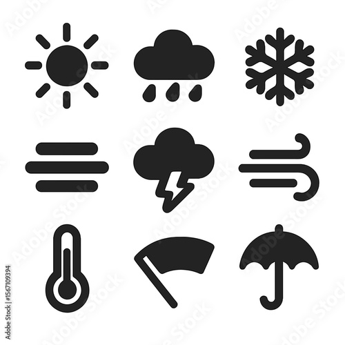 Weather Driving Icons. Solid, filled icons set of weather conditions for driving: sun icon, rain cloud,
