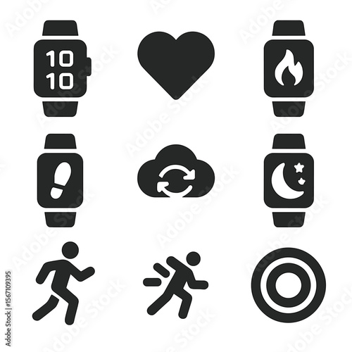 Wearable Fitness Icons. Solid, filled icons set of wearable fitness tech: fitness watch, heart icon, calorie