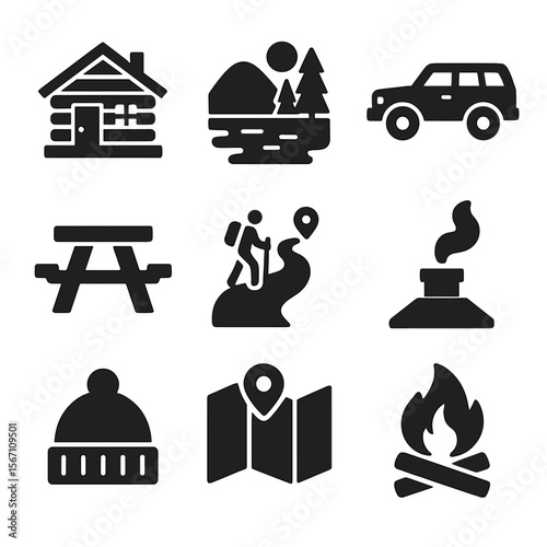 Weekend Nature Icon Set. Solid, filled icons set of weekend nature getaways: wooden cabin, scenic lake, parked