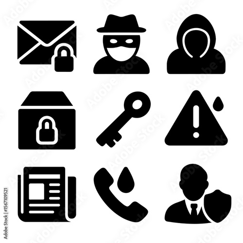 Whistleblower Icons Grid. Solid, filled icons set of whistleblower and leak coverage: confidential envelope,