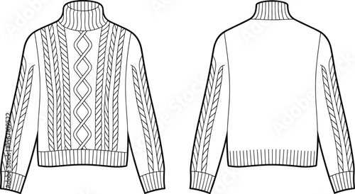 Stylish Cable Knit Turtleneck Sweater Pattern, Perfect for Winter Fashion, Handmade Warm Clothing Design, Front and Back View Illustration, Adobe Stock