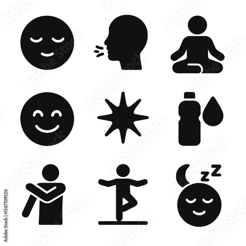 Wellness Icons Set. Solid, filled icons set of mental and physical wellness: calm face, breathing exercise,