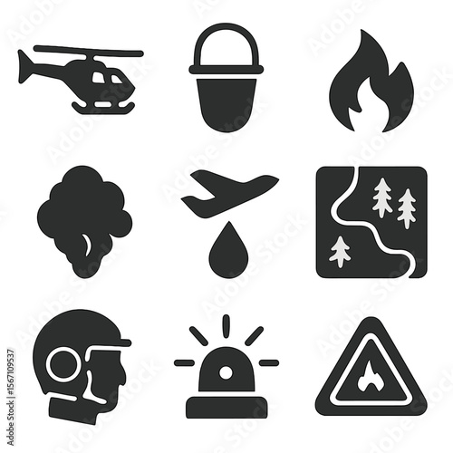 Wildfire Response Icons. Solid, filled icons set of wildfire aerial response: firefighting helicopter, water