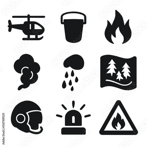 Wildfire Response Icons. Solid, filled icons set of wildfire aerial response: firefighting helicopter, water