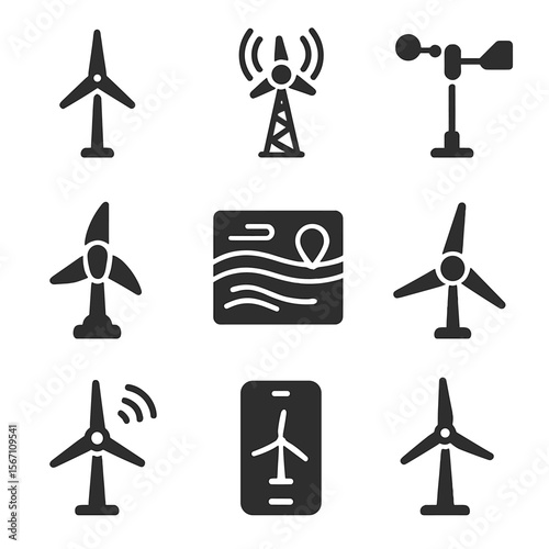 Wind Energy Icons. Solid, filled icons set of wind energy innovation: small turbine, mobile mast, wind data