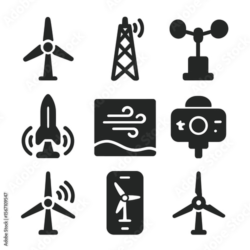 Wind Energy Icons. Solid, filled icons set of wind energy innovation: small turbine, mobile mast, wind data