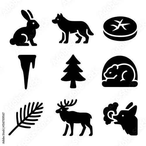Winter Animal Adaptations. Solid, filled icons set of winter animal adaptations: snow hare, wolf, frozen pond,