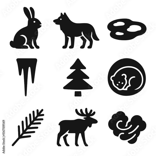 Winter Animal Adaptations. Solid, filled icons set of winter animal adaptations: snow hare, wolf, frozen pond,