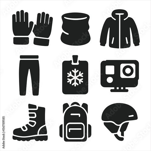 Winter Sports Icons. Solid, filled icons set of winter sport accessories: insulated gloves, neck warmer, snow