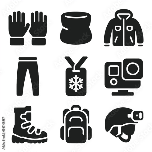 Winter Sports Icons. Solid, filled icons set of winter sport accessories: insulated gloves, neck warmer, snow