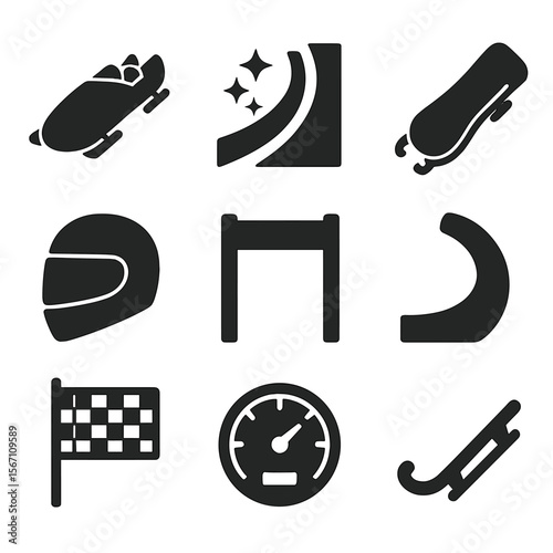 Winter Sports Icons. Solid, filled icons set of bobsled and luge: bobsled icon, icy track, luge sled, helmet
