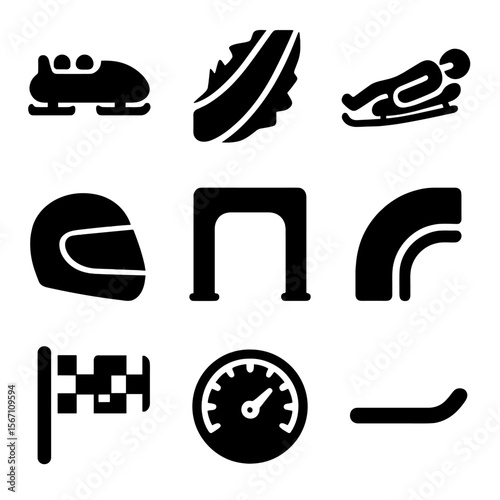 Winter Sports Icons. Solid, filled icons set of bobsled and luge: bobsled icon, icy track, luge sled, helmet