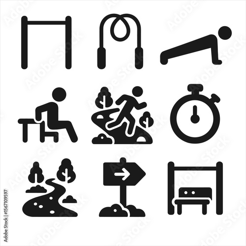 Winter Workout Icons. Solid, filled icons set of winter park workouts: pull-up bar, jump rope, push-up figure,