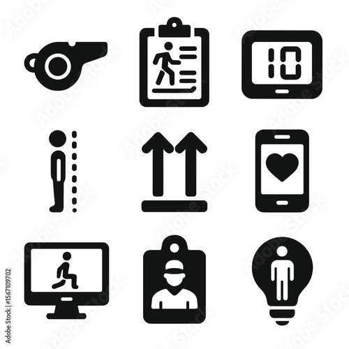 Workout Coaching Icons. Solid, filled icons set of workout coaching tools: whistle, clipboard, rep counter,