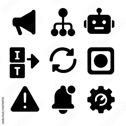 Workflow Automation Icons. Solid, filled icons set of team workflow automation: trigger icon, integration node