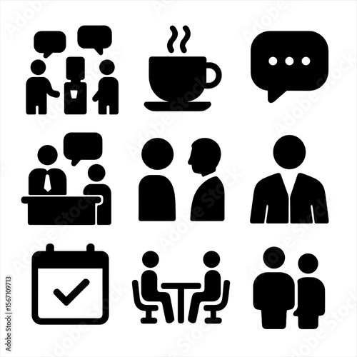 Workplace Connection Icons. Solid, filled icons set of workplace connections: water cooler talk, office coffee