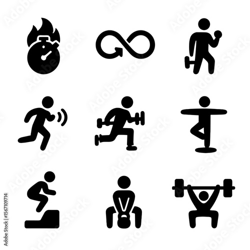 Workout Icons Grid. Solid, filled icons set of workout types: HIIT icon, circuit training, strength workout,