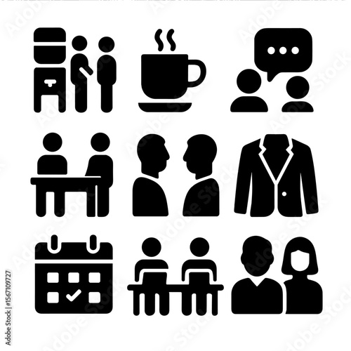 Workplace Connection Icons. Solid, filled icons set of workplace connections: water cooler talk, office coffee