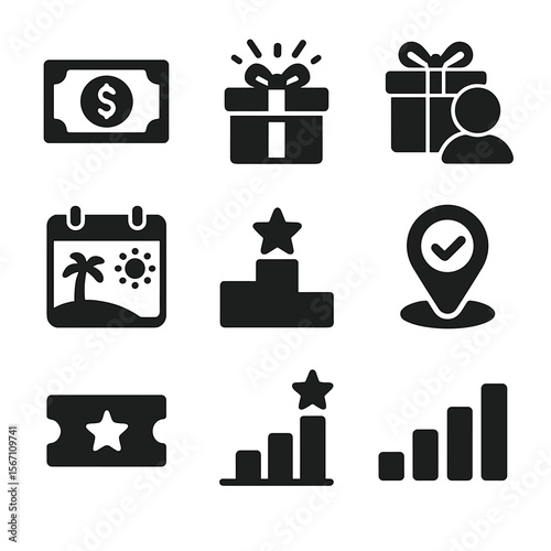 Workplace Reward Icons. Solid, filled icons set of workplace rewards and incentives: cash bonus, prize box,