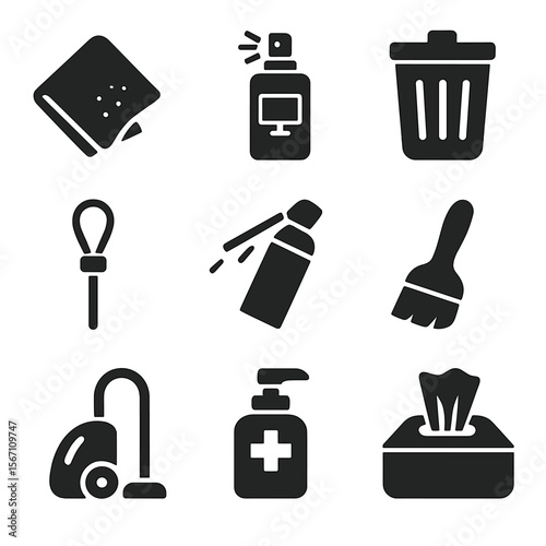 Workspace Cleaning Icons. Solid, filled icons set of workspace cleaning and maintenance: microfiber cloth,