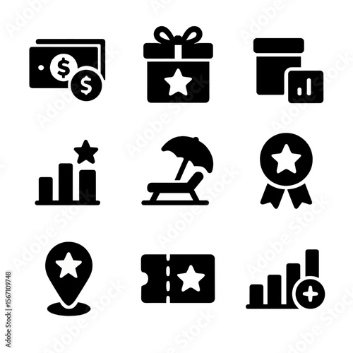 Workplace Reward Icons. Solid, filled icons set of workplace rewards and incentives: cash bonus, prize box,