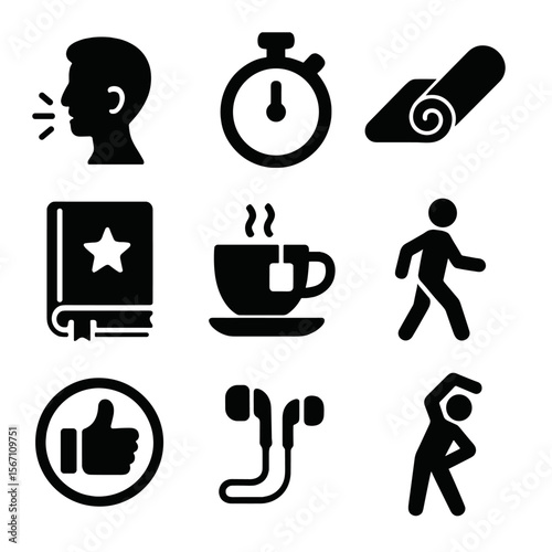 Workplace Stress Icons. Solid, filled icons set of workplace stress management: breathing exercise, timer,