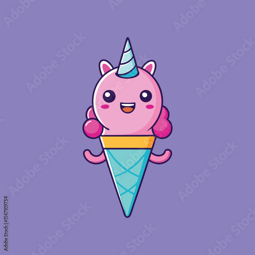 Cute unicorn ice cream cone character in fun pastel line art style, perfect for kids, desserts, fantasy and kawaii themes.