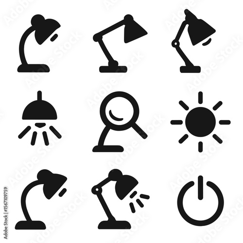 Workspace Illumination Icons. Solid, filled icons set of workspace illumination: desk lamp, task light, clamp