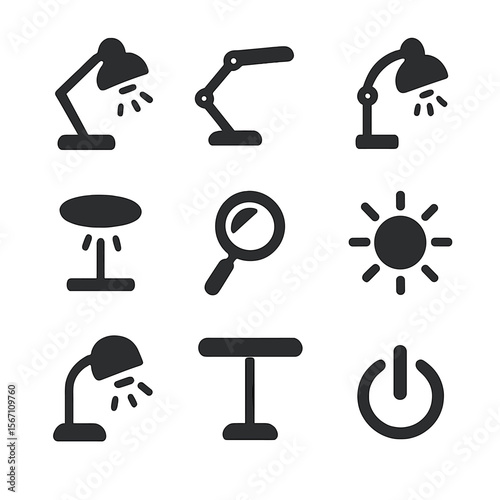 Workspace Illumination Icons. Solid, filled icons set of workspace illumination: desk lamp, task light, clamp