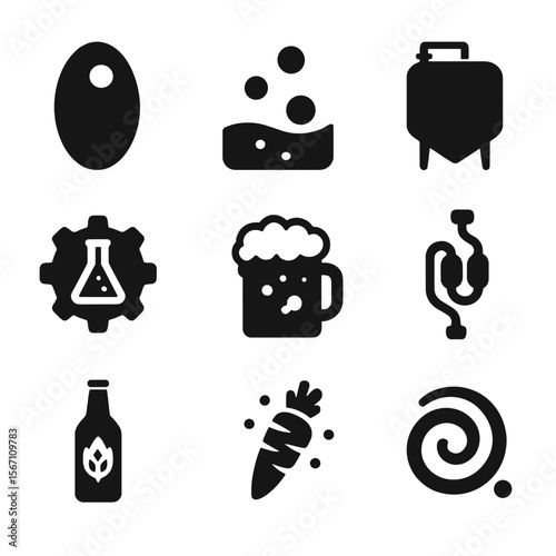 Yeast Fermentation Icons. Solid, filled icons set of yeast and fermentation processes: yeast cell, bubbling