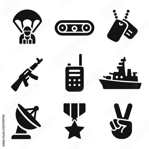 World War II Icons. Solid, filled icons set of World War II: paratrooper icon, tank tread, dog tags, assault