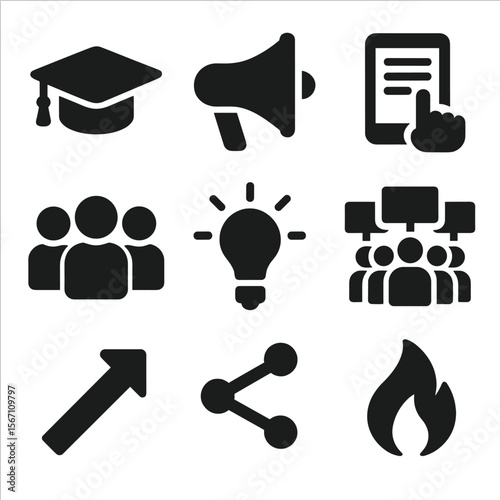 Youth Activism Icons. Solid, filled icons set of youth-led political change: student cap, rally megaphone,