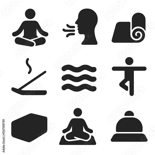 Yoga Mindfulness Icons. Solid, filled icons set of yoga and mindfulness workouts: lotus pose, breathing symbol