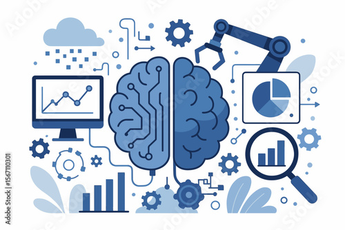 AI concept of artificial intelligence with autonomous brain. Big data analytics, machine learning, and automation process. Business intelligence, robotics, and cloud computing tech.