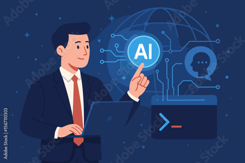 Artificial intelligence concept. Businessman with laptop using futuristic AI technology. Virtual interface with global network, chatbot icon, and command prompt for development.