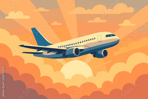 Airplane flying in the sky with clouds at sunrise. Commercial passenger jet flight concept for travel and tourism. Modern flat vector cartoon illustration for air transport.