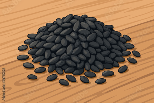 Pile of black sesame seeds close up on a wooden table. Healthy organic ingredient for Asian cuisine and baking. Natural raw superfood seasoning concept. Modern flat vector illustration.