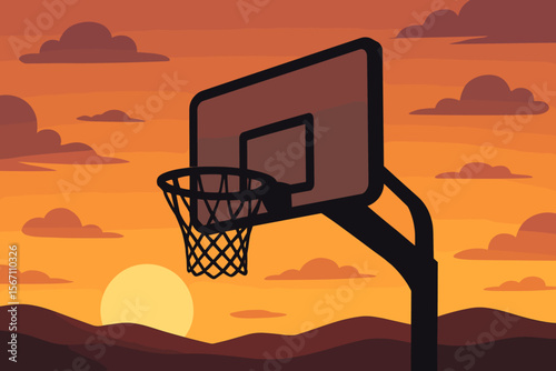 Outdoor basketball court hoop and backboard silhouette against a scenic sunset or sunrise. Golden hour streetball concept for sport and recreation. Modern flat vector cartoon illustration.