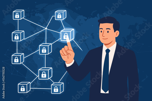 Businessman interacts with blockchain technology, a secure global network of encrypted blocks. Concept for fintech, cryptocurrency, data protection, and business finance security.