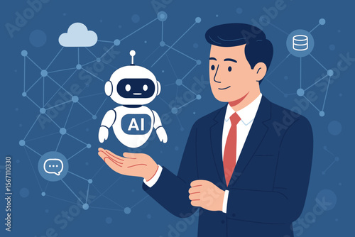 Businessman holding AI robot technology, artificial intelligence concept, smart chatbot connection, data access in online network, futuristic digital innovation, AI automation