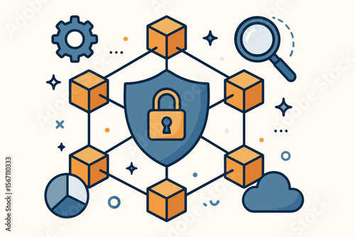 Blockchain technology network security concept. Vector illustration of decentralized data blocks and cryptocurrency protection. Modern fintech graphic with cloud, analysis, and shield icons.