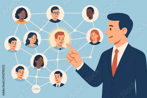 Manager choosing a team leader from a professional network. HR recruitment concept. Businessman selecting a candidate for a job. Human resources, headhunting, and CRM system. Flat vector.