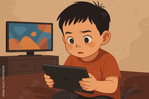 Sad Asian boy overstimulated by screen time. Concept for digital addiction and sensory overload in childhood. Kid with tablet watching videos with TV on. Modern parenting issues.