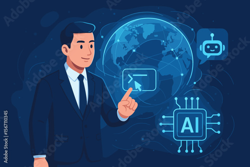 Artificial intelligence concept with a businessman managing a global network. AI tech with virtual command prompt, chatbot assistant and microprocessor icon for futuristic business.