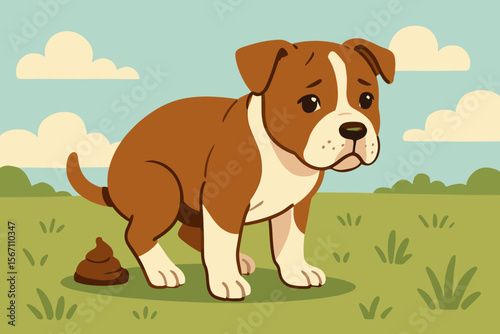 Cute American Pitbull puppy pooping on a green grass field. Sad dog character defecating outdoors in a park. Potty training concept for pets. Modern flat cartoon vector illustration.