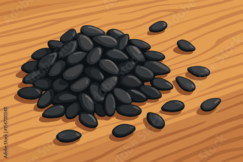 Black sesame seeds in a pile on a wooden table. Close-up macro view of healthy organic food ingredients. Natural raw spice for Asian cuisine. Modern flat vector cartoon illustration.