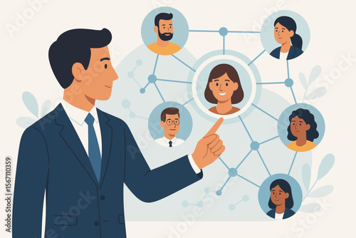 Business leader choosing a team member from social network. Human resources manager hiring employee. Concept of recruitment, leadership, personnel selection, talent management, CRM. Vector.